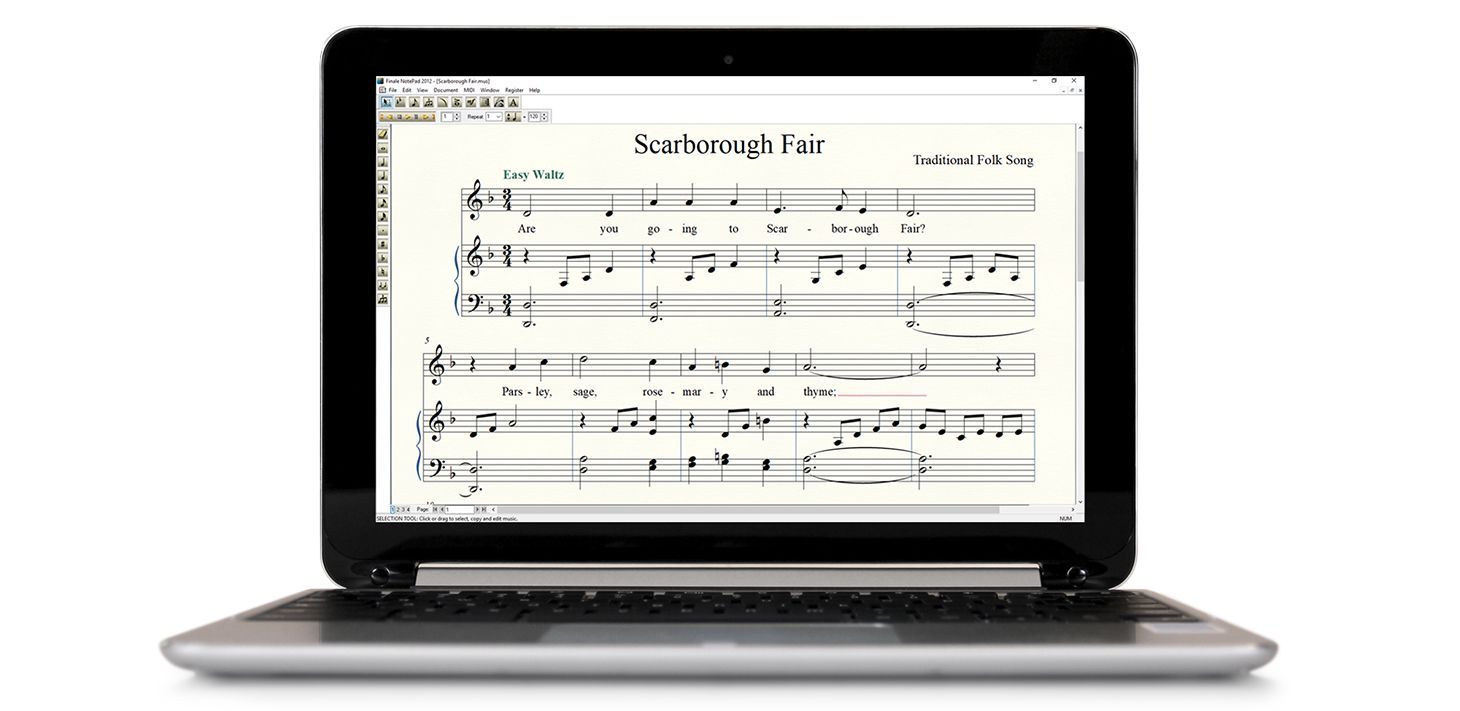 Notepad music notation on Windows laptop
